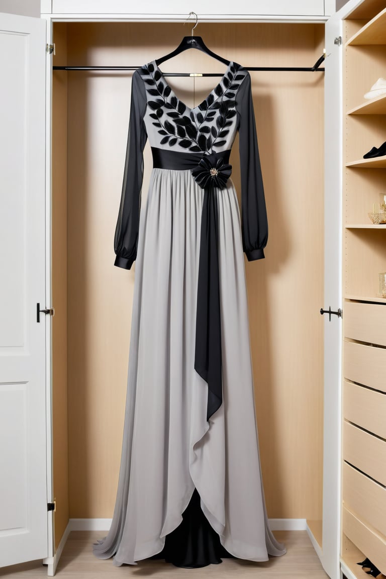 A stylish long party light gray dress with a centerpiece: a cluster of vibrant dark black leaf, adorning the midsection. Delicate long sleeves  dress hangs from a closet rod, hang in closet.,WEARING HAUTE_COUTURE DESIGNER DRESS