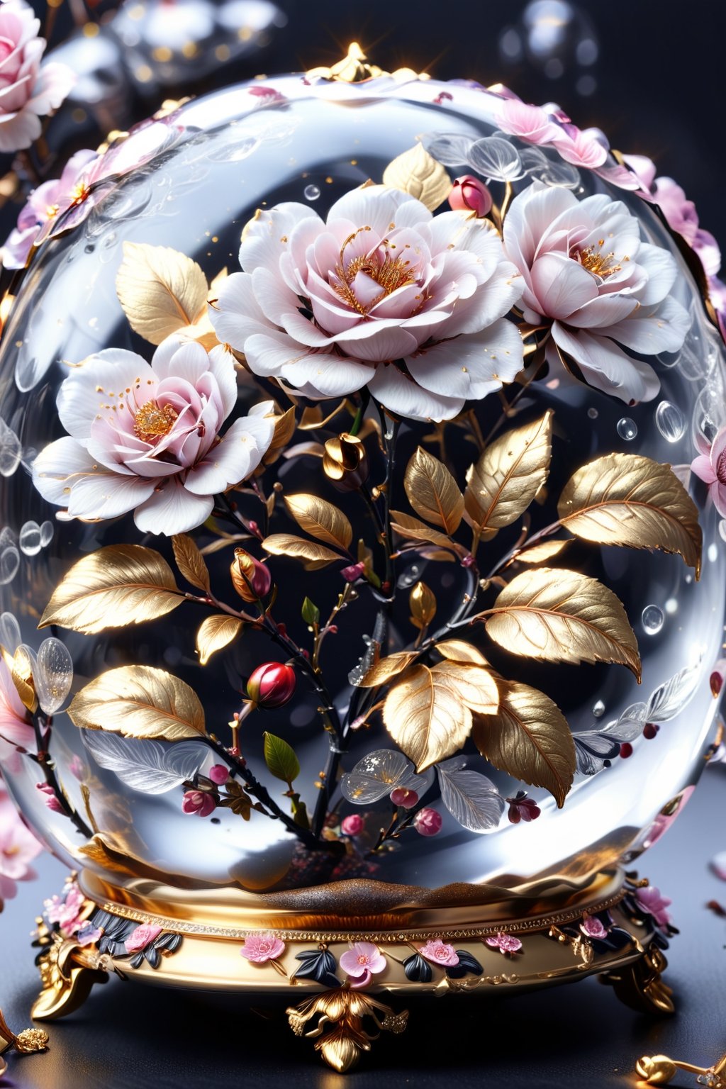 (((masterpiece))),best quality, extremely detailed CG unity 8k, complex pattern, a magic small cherry blossom 
shine in night  inside a crystal ball,Gold Edged Black Rose