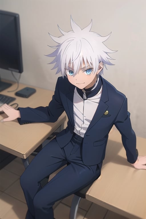 gojo from Jujutsu Kaiser,white hair, light blue eyes ,sit on chair ,smile,shirt ,pants , hold ring, look at the views ,satoru gojo,portrait,gojo satoru,blue eyes,Masterpiece,gojou satoru,illustration,Jujutsu Kaisen