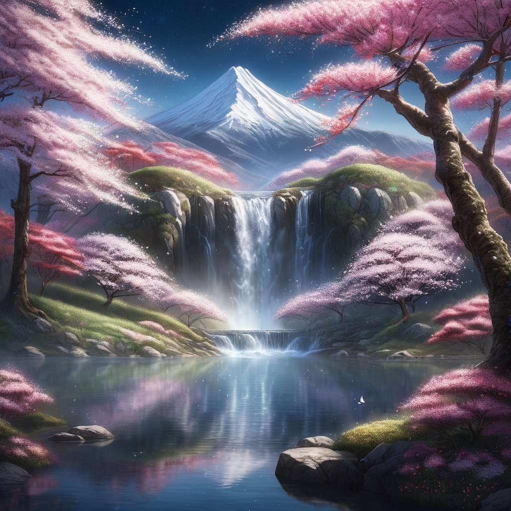 A waterfall descends from a snowy mountain, pouring into a small lake, surrounded by flowers and sakura trees at night