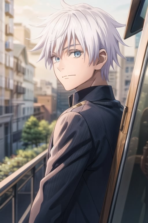 solo, looking at viewer, smile, short hair, bangs, ice blue eyes, 1boy, hair between eyes, closed mouth, white hair, male focus, portrait, wear white suite,best quality,gojo satoru,Jujutsu Kaisen,Beautiful,,Painting 