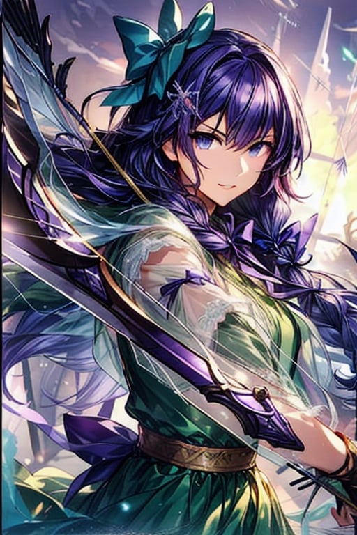 1girl, solo, long hair, looking at viewer, smile, bangs, green dress, bow, ribbon, holding, blue eyes, upper body, weapon, hair bow, purple hair, parted lips, holding weapon, white dress, see-through, purple bow, bow \(weapon\), arrow \(projectile\), purple ribbon, holding bow \(weapon\), holding arrow