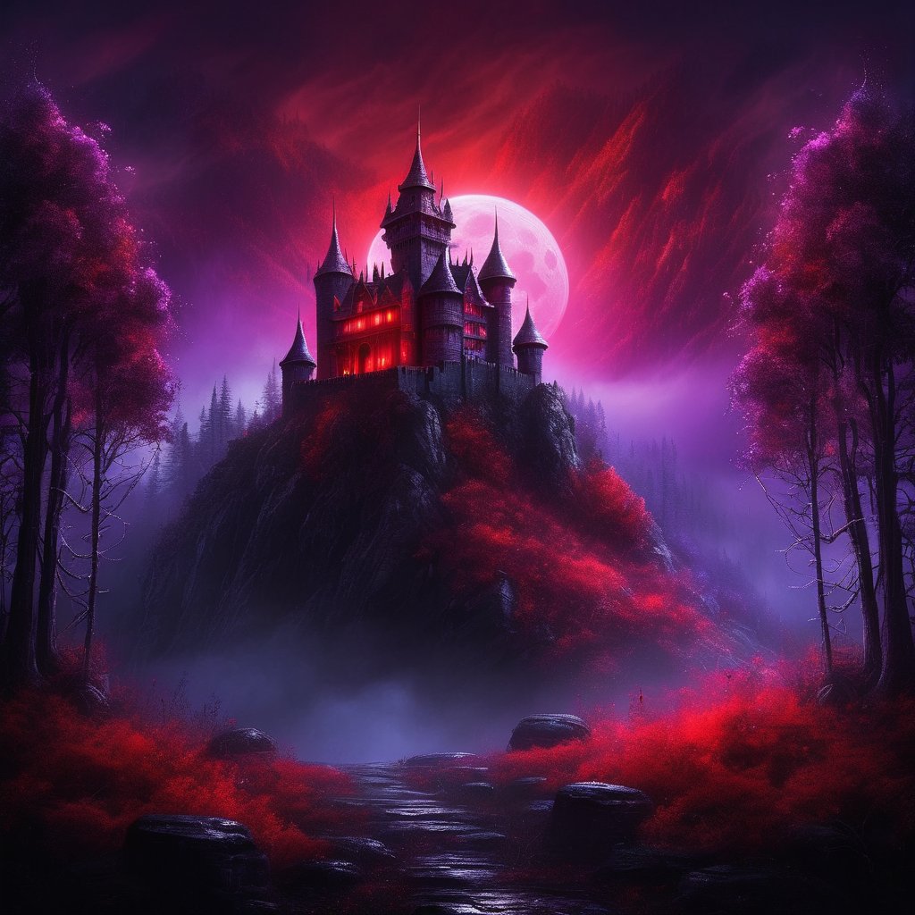 dark castle On a mountain ,lighting at rain night,shadows in the near forest ,horror ,red moon,place,purple light ,fog