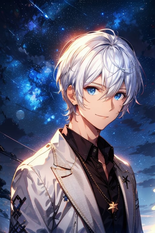 solo, looking at viewer, smile, short hair, bangs, blue eyes, shirt, 1boy, hair between eyes, jewelry, closed mouth, jacket, upper body, white hair, male focus, sky, collared shirt, star \(symbol\), black shirt, white jacket, portrait, star \(sky\), starry sky