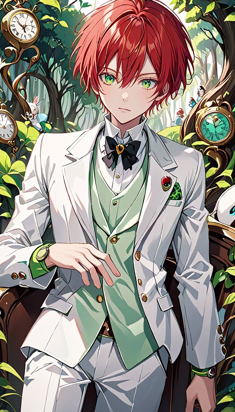 A boy with short red hair, green eyes, wearing a white suit, whatch around him, Alice in Wonderland ,NIJI BOYS STYLE
