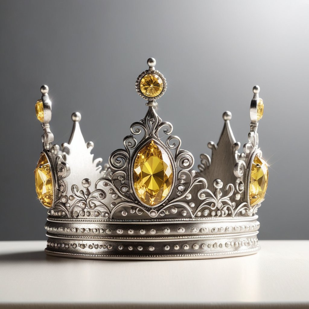 A silver crown with a yellow gem on a white table 