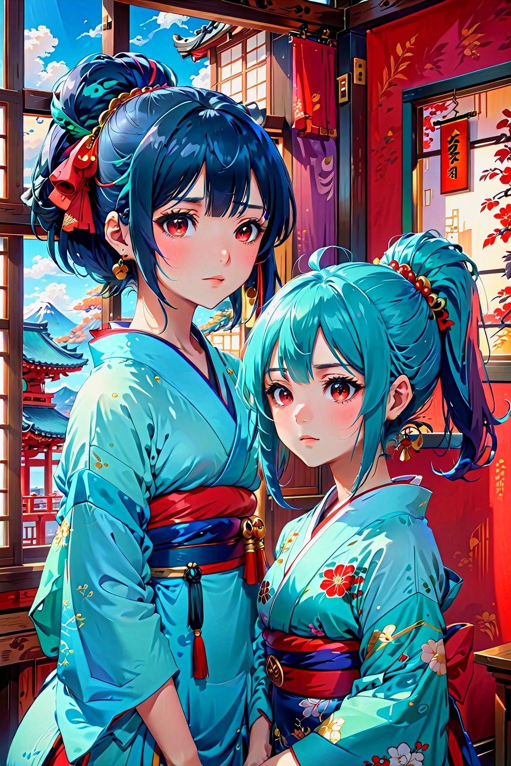 long hair, short hair, bangs, multiple girls, black hair, red eyes, 2girls, blue hair, ponytail, japanese clothes, indoors, blunt bangs, kimono, window, aqua hair, screenshot,  chat log, dialogue box, livestream,1girl,TwitchChat