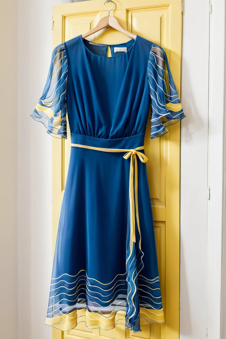 Short blue dress with short transparent sleeves, white and yellow wavy lines in the dress ,hanging in closet