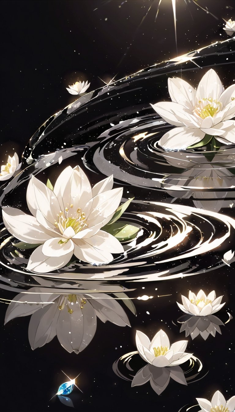 flower, artist name, water, petals, no humans, sparkle, white flower, black background, gem, light particles, reflection, glint, ripples, still life