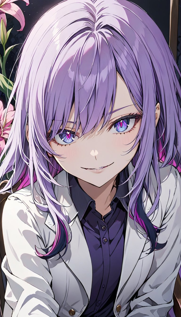 looking at viewer, long purple hair, shirt, 1girl, dark blue eyes, white jacket, evil smile ,upper body,close mouth, flower, female focus, solo focus,sit on chair,pink lily \(flower\), hand pov, kabedon