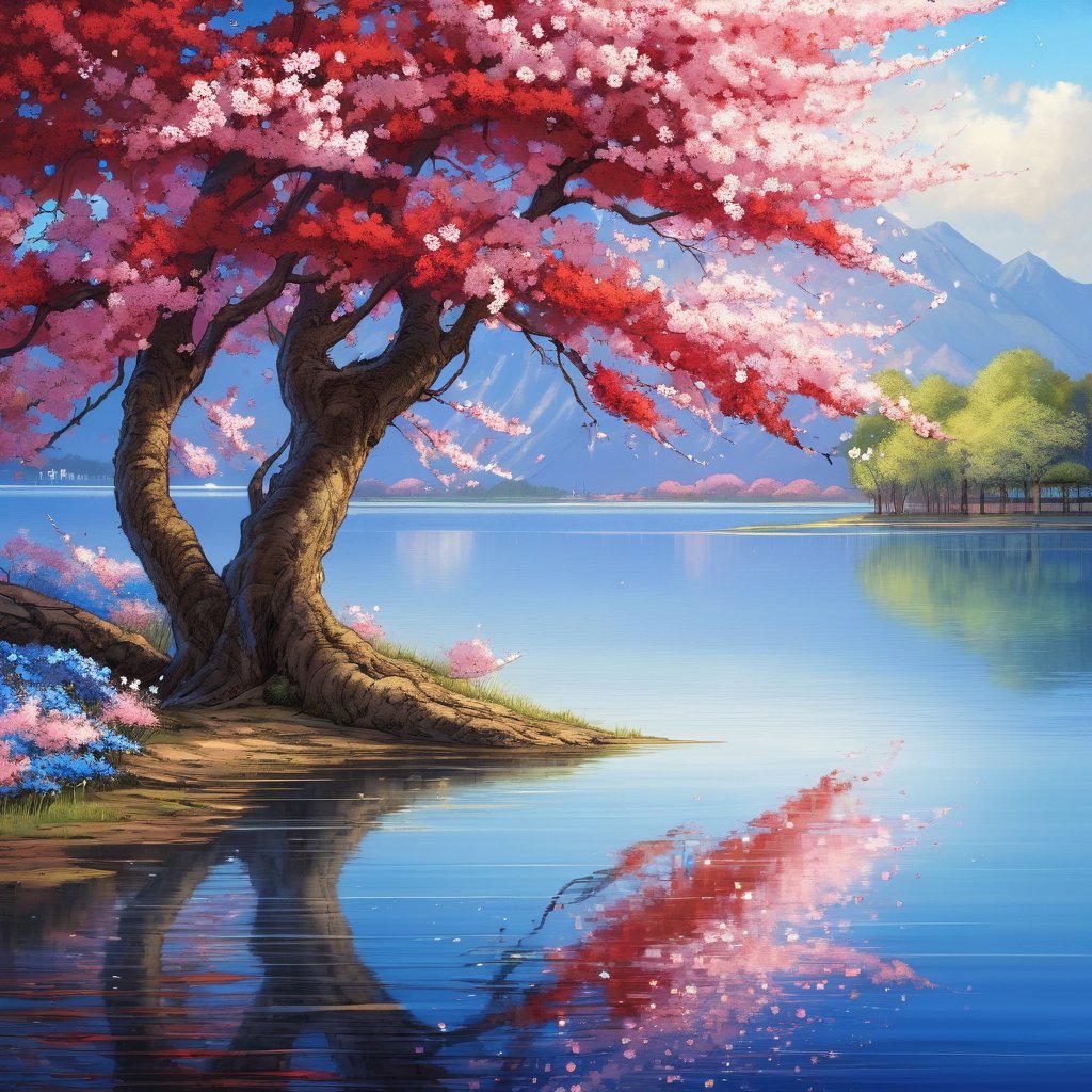 cherry blossom tree,blue and red flowers ,lake,