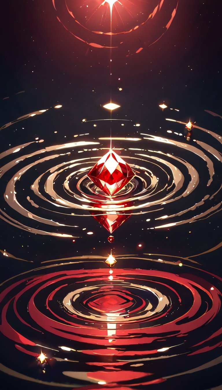 red gem, light particles, reflection, glint, ripples, no human 
