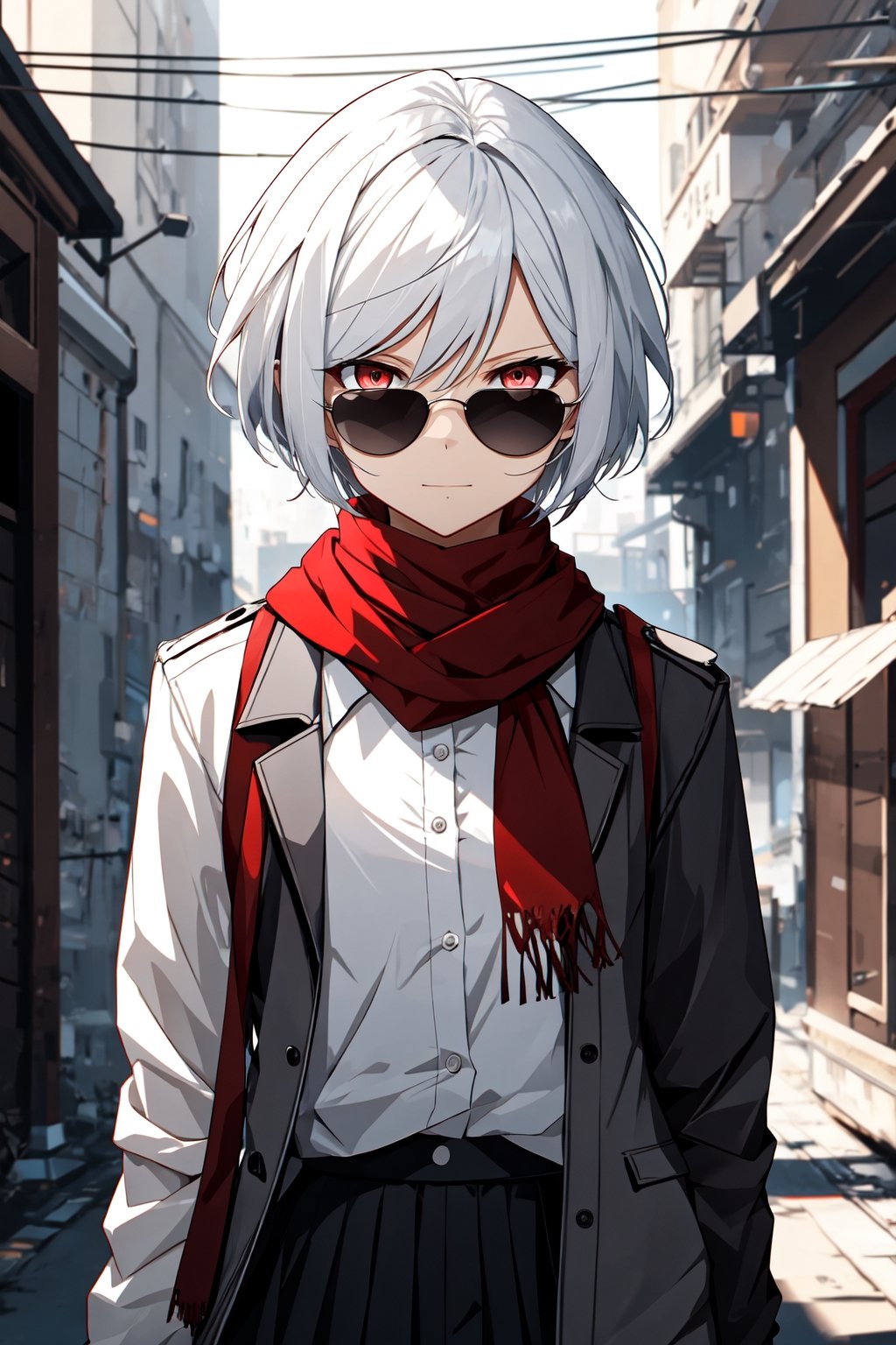 solo, looking at viewer, short hair, red eyes, white hair, 1girl , closed mouth, jacket, upper body, female focus, scarf, blurry, white shirt, ,skirt,sunglasses,red scarf, fake screenshot