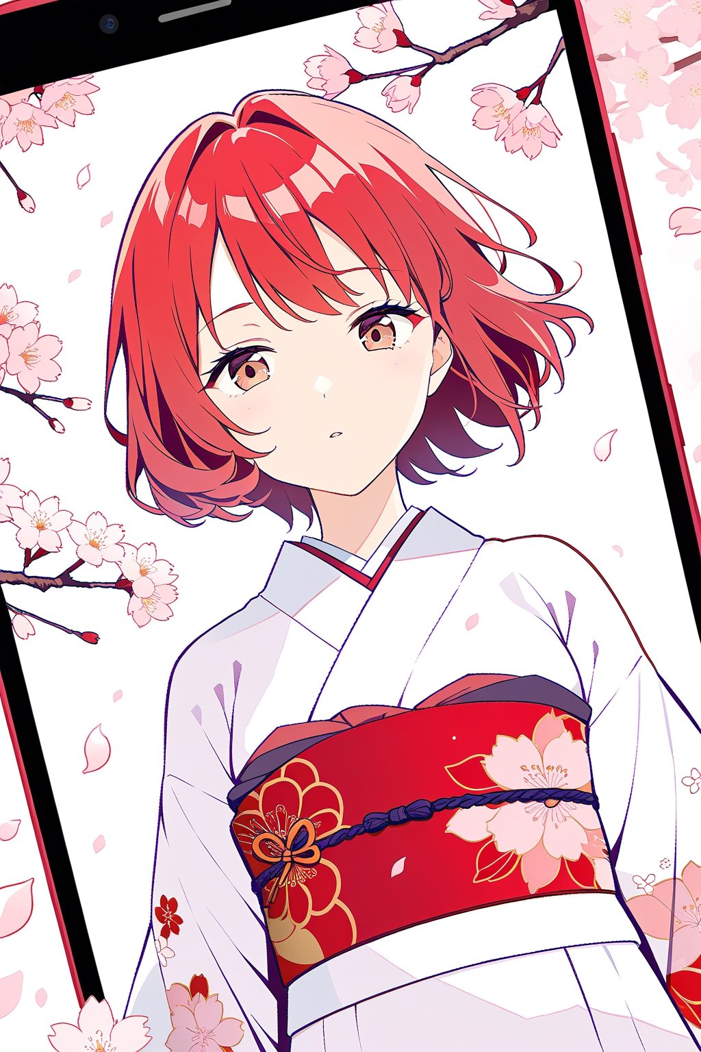 1girl, solo, short hair, red hair, brown eyes, japanese clothes, white kimono, sash, obi, cherry blossoms, screenshot, obiage, phone screen, ryougi shiki,cherry blossom petals in background ,Movie Poster