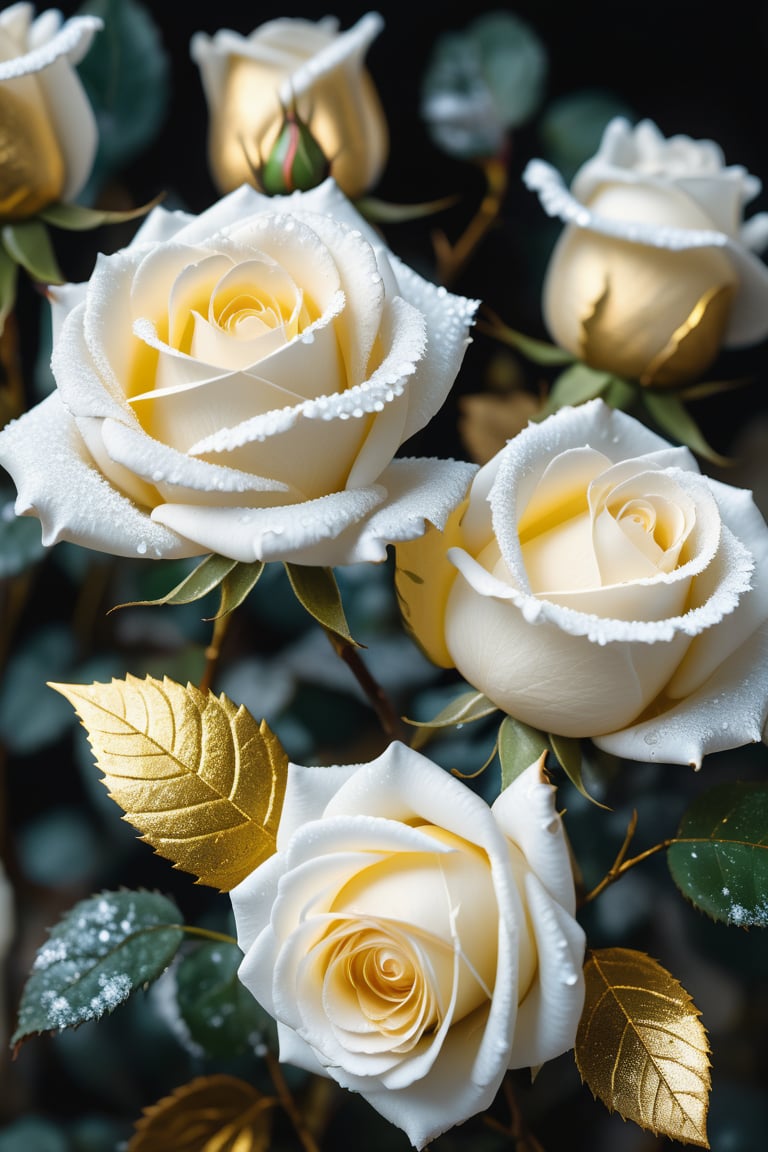 white roses with gold leaves covered with frost, cold, gold,  unreal engine, depth of field, ultra high quality model, intricate artwork masterpiece, golden ratio, trending on cgsociety, intricate, epic, trending on artstation, 8k, hdr