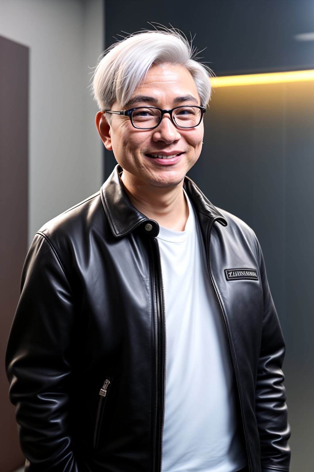 nvidia, smiling, standing, middle-aged,Eyes are sharp,Thick chin, Asian male focal point, notoginseng white hair, unkempt hairstyle, black-Half-rimmed glasses, Strong build,wearing aBlack leather jacket, nvidia, founder Huang Renxun (Zhan-Heng "Jensen" Huang)