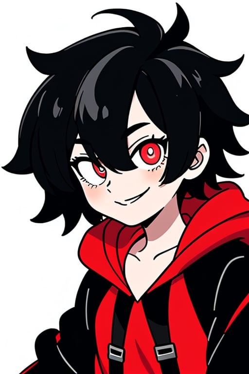 An illustration of a black-haired gamer boy, looking forward with a small smile, wearing a black jacket and black hoodie and red details, with a light red right eye pupil