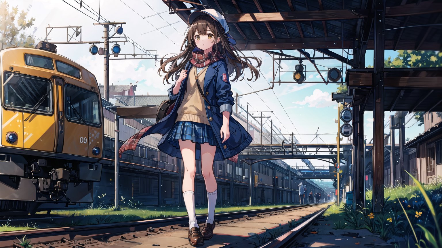 masterpiece, best quality, high quality,extremely detailed CG unity 8k wallpaper, extremely detailed, High Detail, 

(1girl, solo), long hair, skirt, brown hair, hat, holding, brown eyes, standing, jacket, outdoors, shoes, day, socks, scarf, blurry, blue skirt, coat, plaid, plaid skirt, white socks, blue headwear, train station, railroad tracks,girl