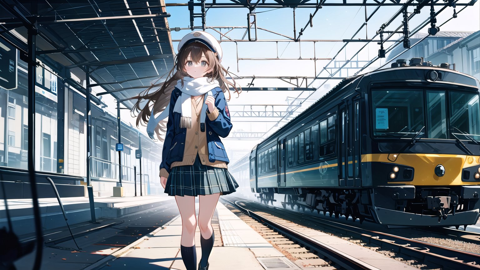 A majestic masterpiece of a 8K wallpaper features a stunning solo female figure, with long brown hair cascading down her back, adorned in a plaid skirt and matching hat. Her bright brown eyes sparkle as she stands confidently outdoors at a bustling train station, surrounded by the hum of railroad tracks. She wears a fitted jacket over a scarf, paired with white socks and comfortable shoes. The soft focus blur adds a touch of whimsy to this already captivating scene.