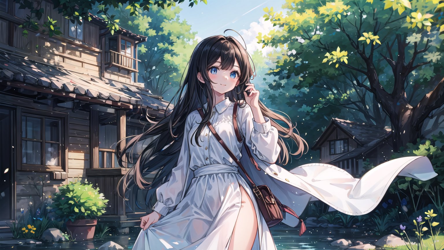 Captivating 8K masterpiece: A stunning young woman with long, luscious brown locks and bangs, donning a crisp white shirt with long sleeves and a flowing white dress, stands majestically outdoors during the day. The subject's gaze is cast upwards, her lips subtly smiling as she poses against a blurred tree backdrop, with a modern building in the distance. Soft, warm light illuminates her features, while the vibrant colors of the surroundings are accentuated by HDR technology.