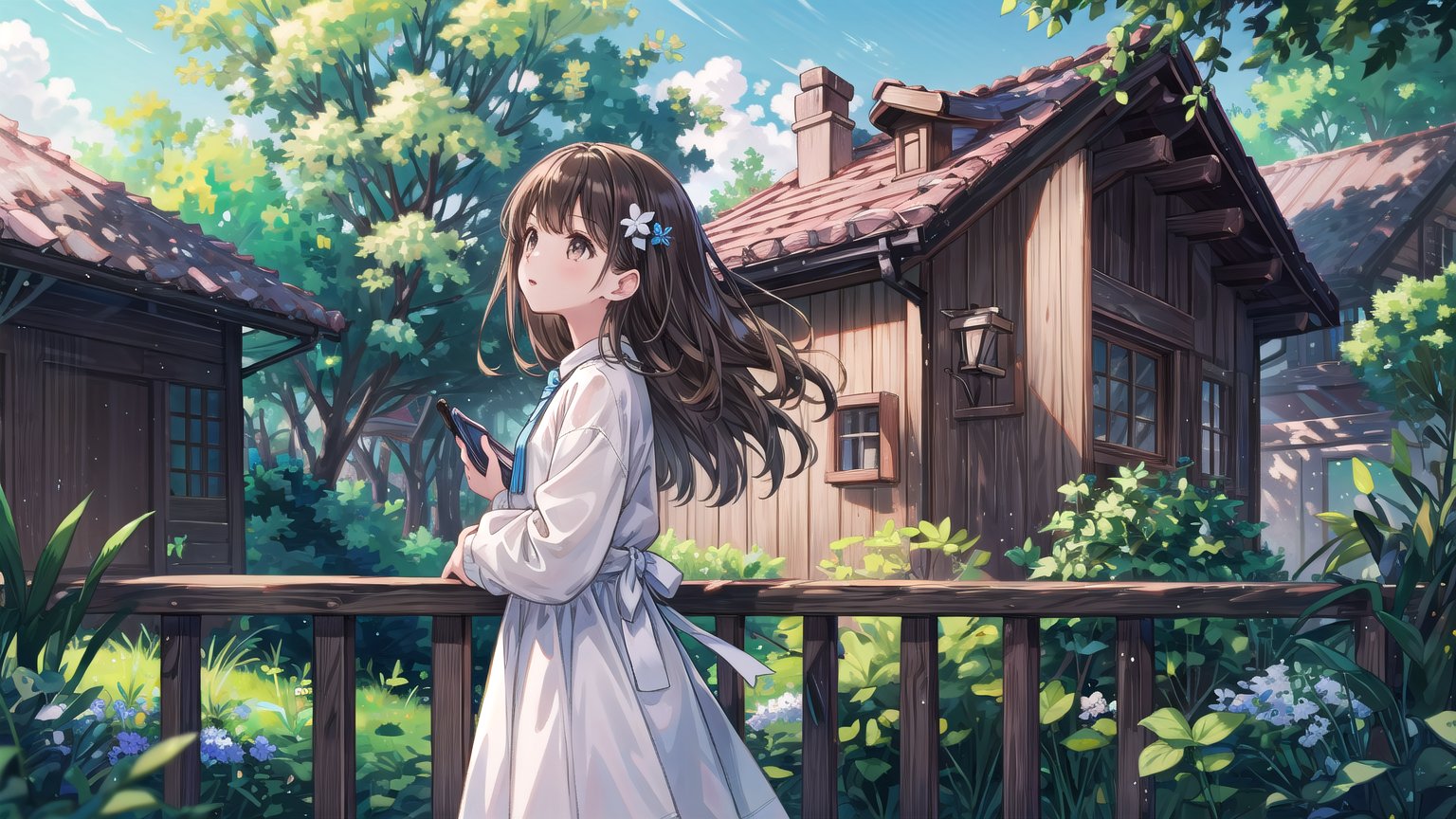 masterpiece, best quality, high quality,extremely detailed CG unity 8k wallpaper, HDR, High Detail, 

1girl, solo, long hair, bangs, brown hair, shirt, long sleeves, dress, white shirt, outdoors, day, white dress, blurry, from side, tree, lips, looking up, building, photo background