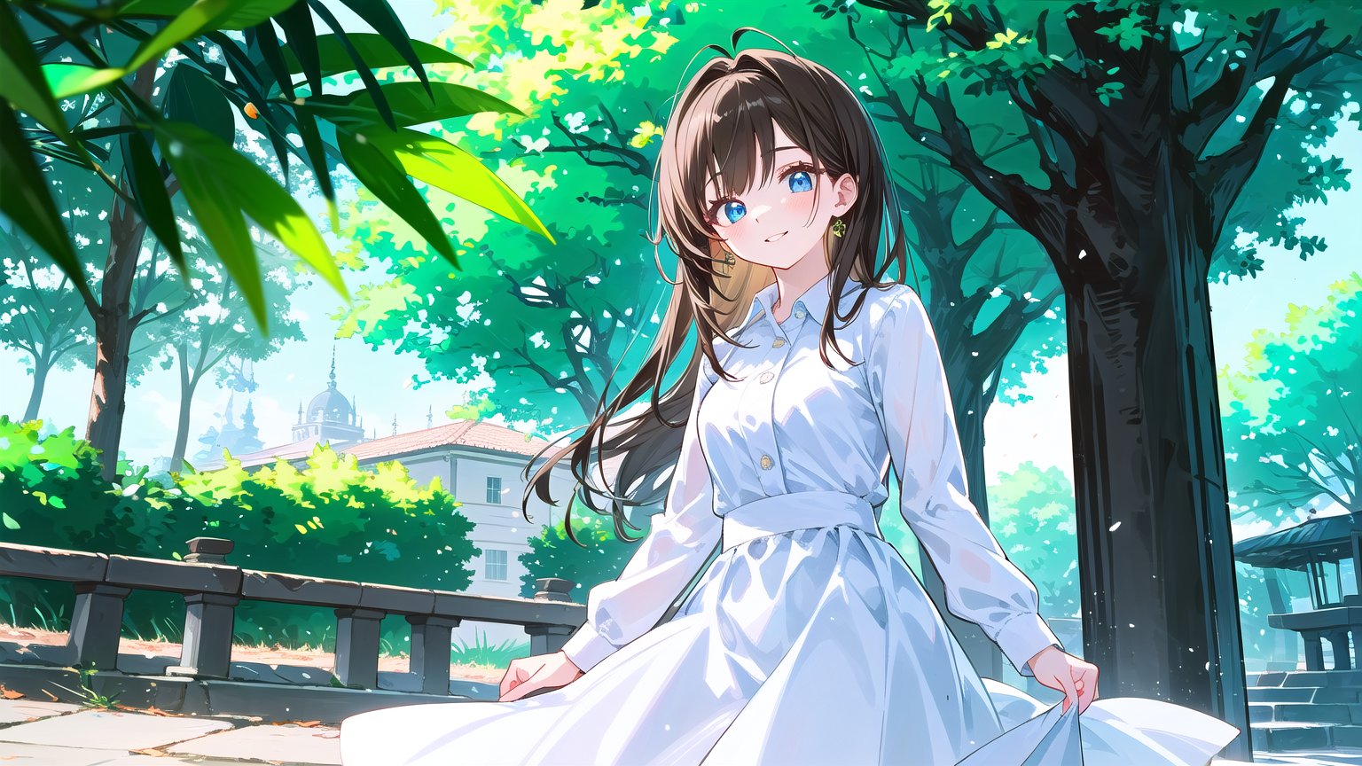 Captivating 8K masterpiece: A stunning young woman with long, luscious brown locks and bangs, donning a crisp white shirt with long sleeves and a flowing white dress, stands majestically outdoors during the day. The subject's gaze is cast upwards, her lips subtly smiling as she poses against a blurred tree backdrop, with a modern building in the distance. Soft, warm light illuminates her features, while the vibrant colors of the surroundings are accentuated by HDR technology.