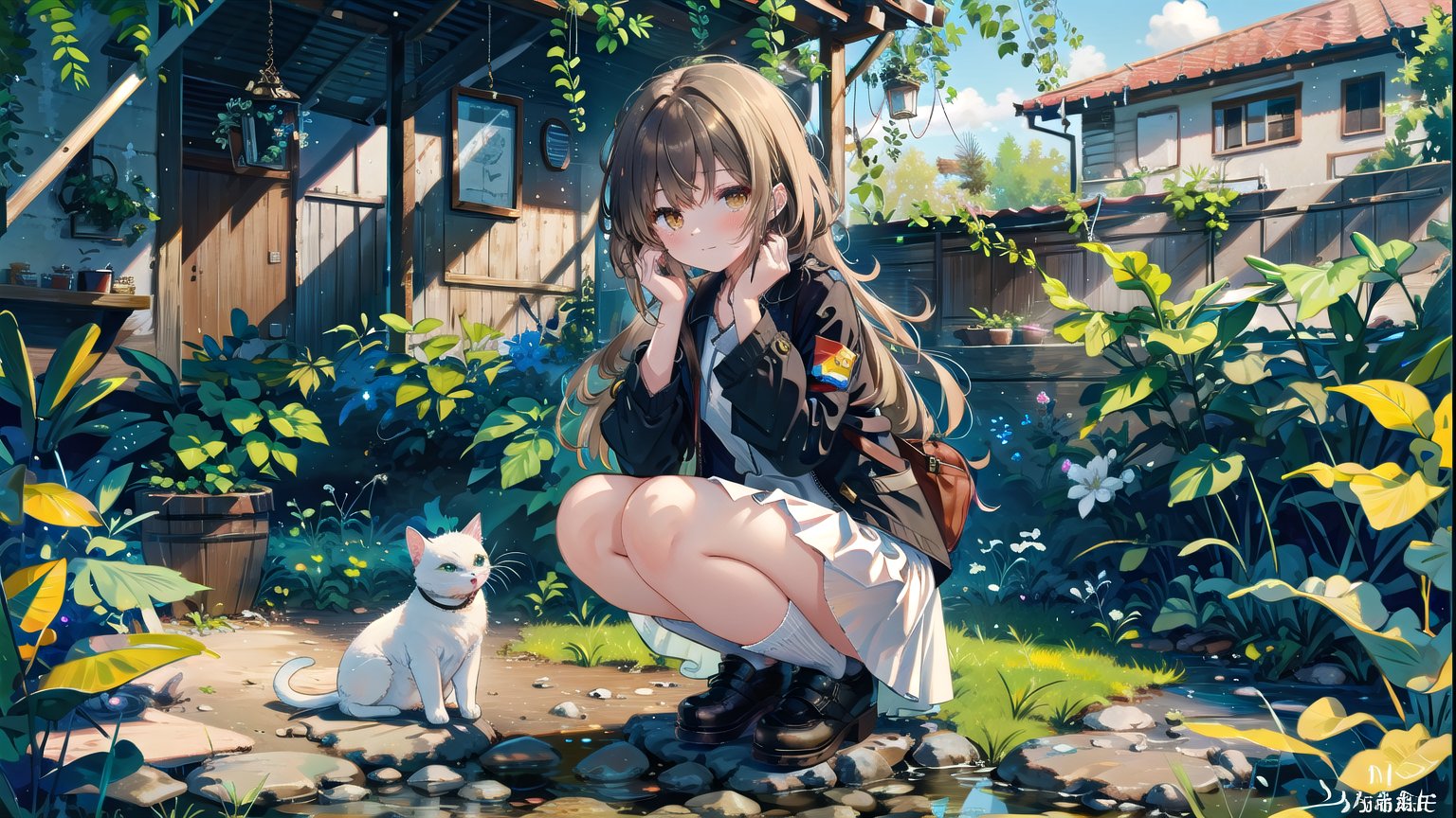 1girl, solo, A majestic masterpiece! A stunningly detailed CG artwork, perfect for a 8K wallpaper. Here's the description:

In a serene outdoor setting, a lovely young woman with long brown hair and bangs is squatting amidst lush foliage. She wears a flowing white skirt, black jacket with long sleeves that extend past her wrists, and comfortable black footwear. Her brown eyes sparkle as she gazes down at a curious cat playing with a leaf near her feet. A delicate braid adorns the side of her head, framing her gentle features. The scene is bathed in warm, HDR lighting, with soft shadows accentuating the textures of the plants and building in the background. The overall composition exudes a sense of tranquility, inviting the viewer to step into this idyllic world.