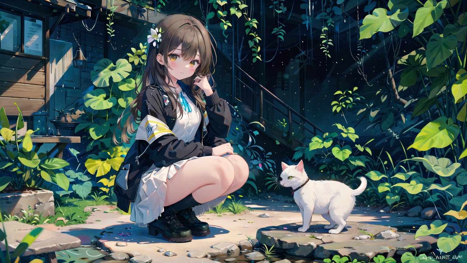 1girl, solo, A majestic masterpiece! A stunningly detailed CG artwork, perfect for a 8K wallpaper. Here's the description:

In a serene outdoor setting, a lovely young woman with long brown hair and bangs is squatting amidst lush foliage. She wears a flowing white skirt, black jacket with long sleeves that extend past her wrists, and comfortable black footwear. Her brown eyes sparkle as she gazes down at a curious cat playing with a leaf near her feet. A delicate braid adorns the side of her head, framing her gentle features. The scene is bathed in warm, HDR lighting, with soft shadows accentuating the textures of the plants and building in the background. The overall composition exudes a sense of tranquility, inviting the viewer to step into this idyllic world.,girl