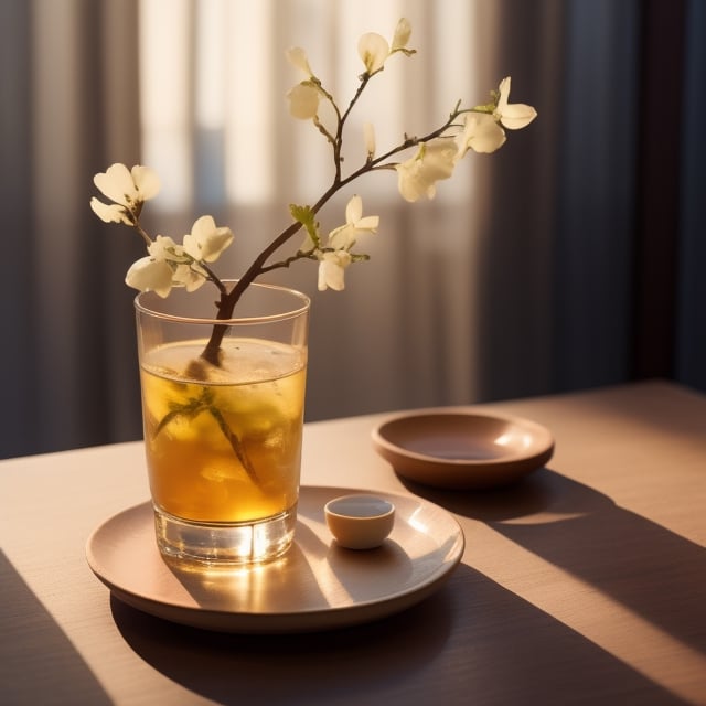 masterpiece, best quality, photography advertising of a glass of whiskey , Round Mugs, expensive 
 simple tumber, tall tumber, elegant, myphamhoahong photo, branch, petals, plant, gradient, garden, realistic, cold theme, scenery, shadow, still life ,perfect light,Cosmetic,glowing gold,gyouza, The top of the glass cup is narrower and the bottom is wider, with the narrowest base at the bottom,

close-up photography, Ultra-detailed, ultra-realistic, full body shot, Distant view