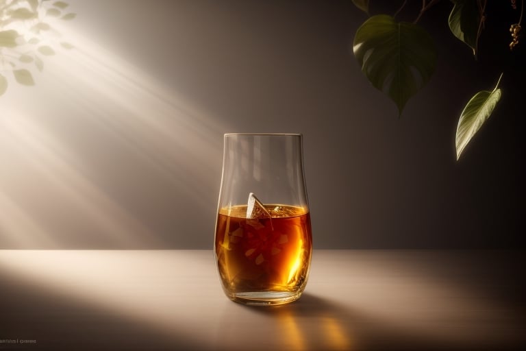 masterpiece, best quality, photography advertising of a glass of whiskey , 1 Round  Tumbler, myphamhoahong photo, flower,,leaf, branch, petals, plant, gradient, garden, realistic, cold theme, scenery, shadow, still life ,perfect light,Cosmetic,glowing gold,inviting you to take a sip and savor its refreshing taste.