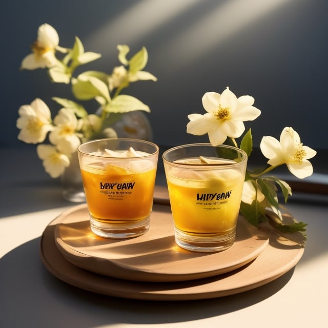 masterpiece, best quality, photography advertising of a glass of whiskey , Round Mugs, Tumbler, myphamhoahong photo, branch, petals, plant, gradient, garden, realistic, cold theme, scenery, shadow, still life ,perfect light,Cosmetic,glowing gold,gyouza