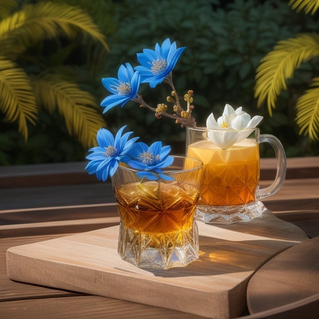 masterpiece, best quality, photography advertising of a glass of whiskey , Round Mugs, Tumbler, myphamhoahong photo, flower, (blue flower:1.2), leaf, branch, petals, plant, gradient, garden, realistic, cold theme, scenery, shadow, still life 