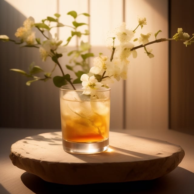 masterpiece, best quality, photography advertising of a glass of whiskey , tall Round Mugs, expensive 
 simple Tumbler, myphamhoahong photo, branch, petals, plant, gradient, garden, realistic, cold theme, scenery, shadow, still life ,perfect light,Cosmetic,glowing gold,gyouza, The top of the glass cup is narrower and the bottom is wider, with the narrowest base at the bottom,

close-up photography, Ultra-detailed, ultra-realistic, full body shot, Distant view