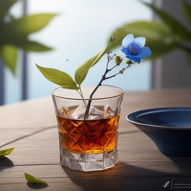 masterpiece, best quality, photography advertising of a glass of whiskey , Round Mugs, Tumbler, myphamhoahong photo, flower, (blue flower:1.2), leaf, branch, petals, plant, gradient, garden, realistic, cold theme, scenery, shadow, still life 