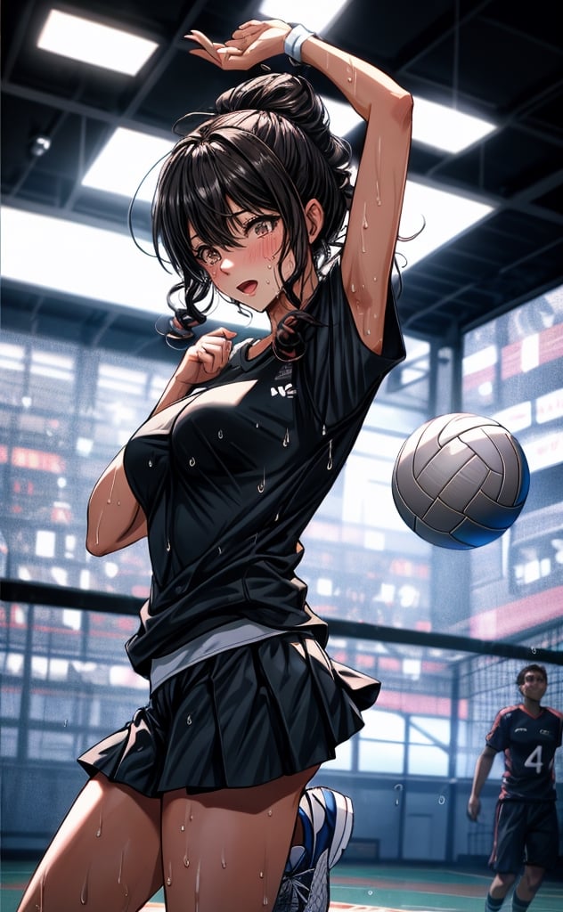 a photo of a woman playing volley ball, blocking pose, jump high,in action, focused and and sweating, wet body, sharp eyes looking forward, curly brown hair, white sleveless shirt,LinkGirl,midjourney,animeniji,bbyorf