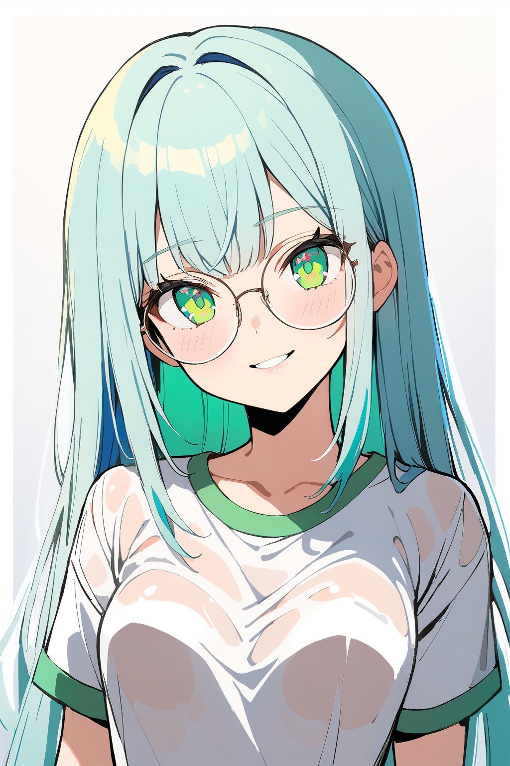 1 girl, Luna, white long hair, (round glasses), ( green eyes: 1.5), loose hair, messy hair, shaved side of the head, head swept to one side. She wears wet uniform,

Masterpiece, best quality, 4k, absurdres. Shiny eyes, smirk, 2D, flat tones, flat shading, white outline, cel shading. From below.