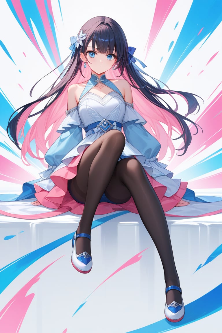 score_9, score_8_up, score_7_up, score_6_up, score_5_up, score_4_up,source_anime,

masterpiece, newest, Highly detailed, 1girl, Off the shoulders, pink hair, sitting, arms at sides, long hair, black pantyhose, light blue fashion dress, no shoes, black hair, facing the viewer,(full body), kick leg,

colorful square background,