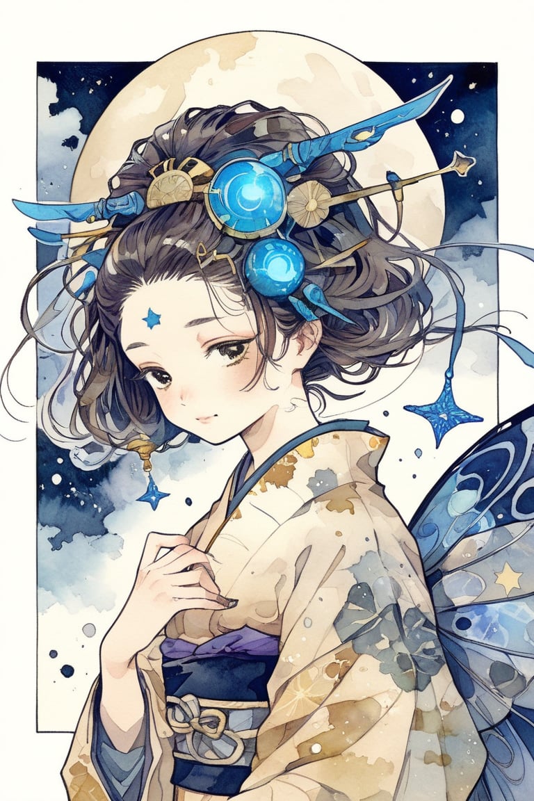 Fairy tale illustrations, Simple minimum art, Myths of another world, Perfect sky, moon and shooting stars, Moon on face, Pagan style graffiti art, Aesthetic, Sepia, Watercolor (medium), Acidzlime, Dal-6 style, Comic book.

Traditional Japanese woman, In futuristic kimono, Silver and gold high-tech materials, Flowing digital ink patterns, LED ribbon, Soft blue glowing hairpins,  Elegant yet technologically advanced.
