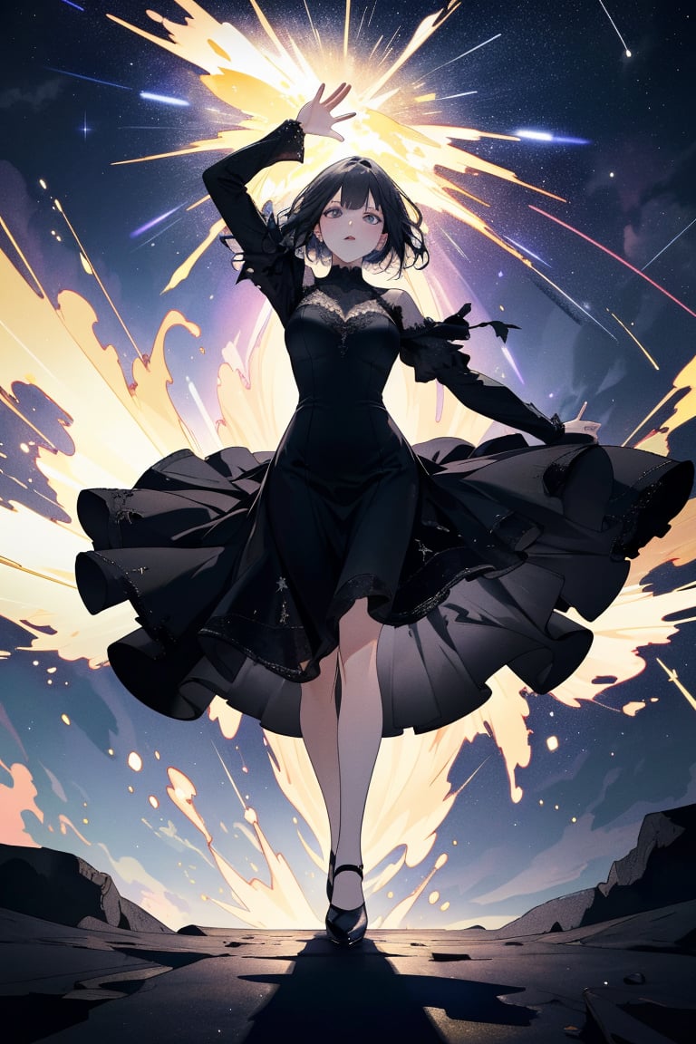 (masterpiece, best quality, highres:1.3), ultra resolution image,

A woman in a tight black wedding dress descends from the sky, her skirt flying. Stars fall with her, and sparks erupt from the ground, creating a dramatic, magical scene.