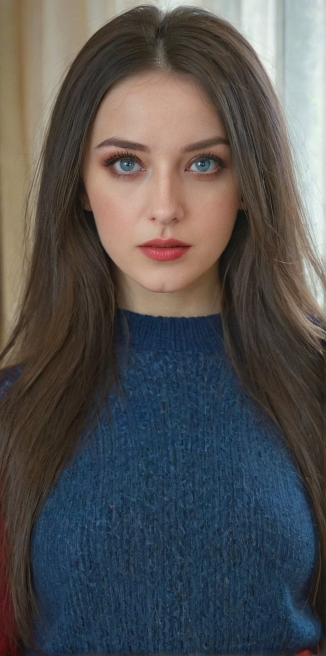 Generates a hyper-realistic image 1 20-year-old (Ukrainian) girl with slim, wearing a ((oversized red sweater)), beautiful blue eyes, long dark hair that hints at playful rebellion. Her dark makeup enhances her mischievous expression as she enjoys her bad girl persona at home. She grabs the upper part of her body. (Extremely realistic)