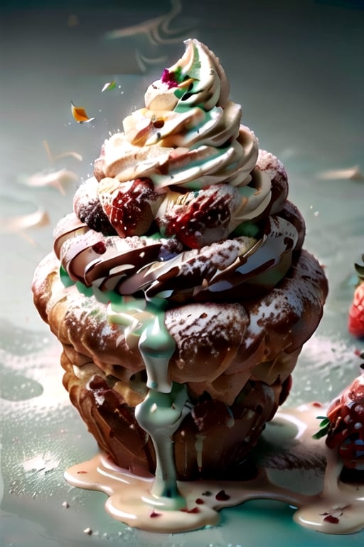 Huge ice cream sundae, strawberry, cream, chocolate sprinkles, a leaf of mint, fresh cut strawberries, chocolate sauce overflowing onto the table, spoon in the center towards the camera with ice cream on it which is melting and dripping ,SemlaStyle,Ice_Cream_Soft_Serve