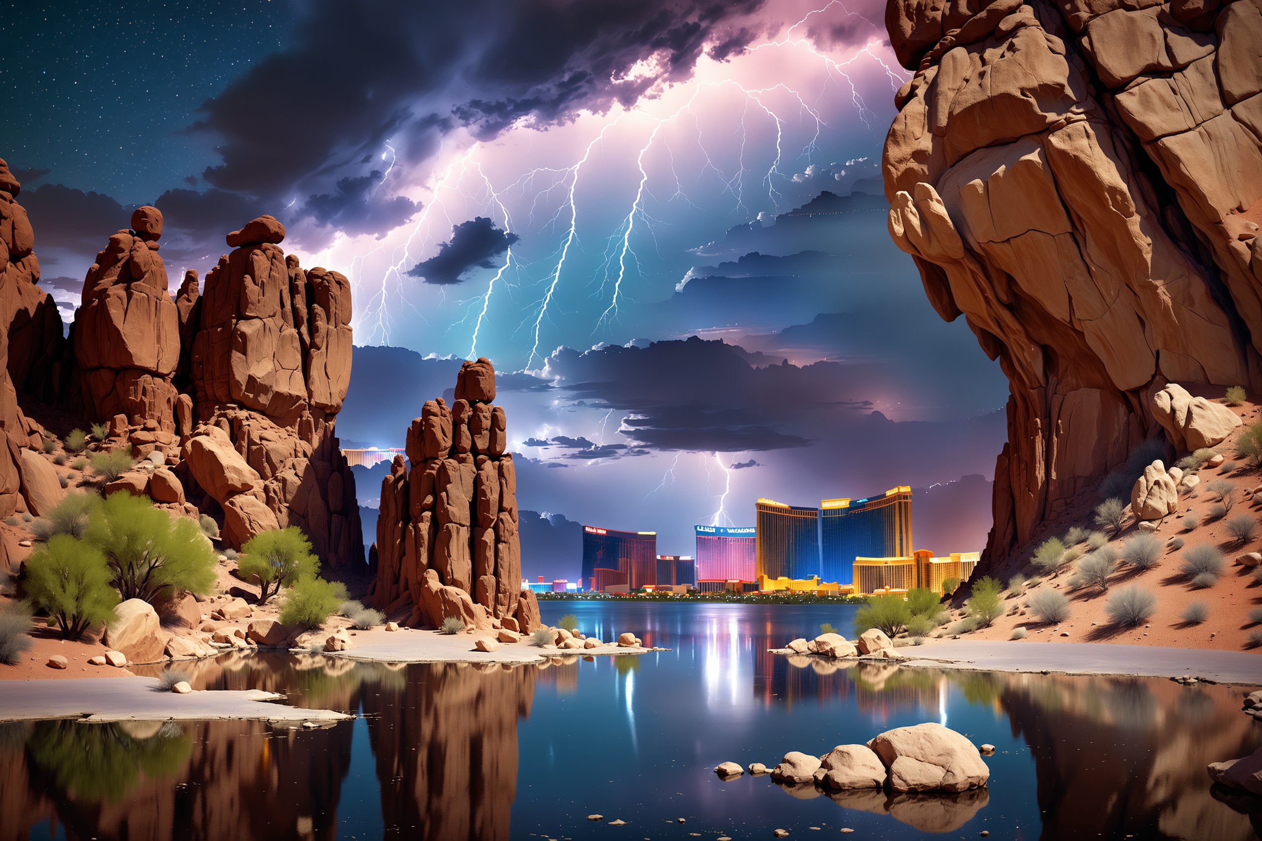 A rock formation with long exposure illumination, Volumetric-lightning & Global-Illumination. A rock formation shaped like an archway with long exposure illumination on it & mirrored on a lake. on the landscaped background below the starry sky are the city lights of Las Vegas. high definition photography. in the desert at night with stars and milky way in the sky with cool tone colours on sky, photography in the style of high resolution, super detailed cinematic photography, cinematic lighting, ray tracing reflections, intricate details, high key lighting, crisp detail, saturated colours. 
--no depth of field, illustration, drawing, cartoonish, mist, fog, haze, rain, tilt-shift, toy-model, cgi. 
--v 6.0 --ar 5:4 --style raw --stylize 600
--sw 30 
--sref ,painted world