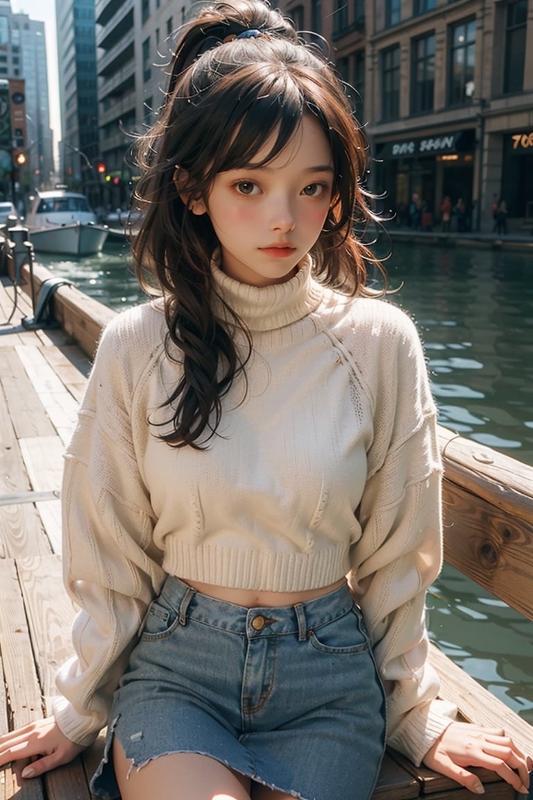 1girl,AgoonGirl,urban techwear, realistic, vivid color, soft light,outfit ,Boat neck sweater & black pleated mini skirt,