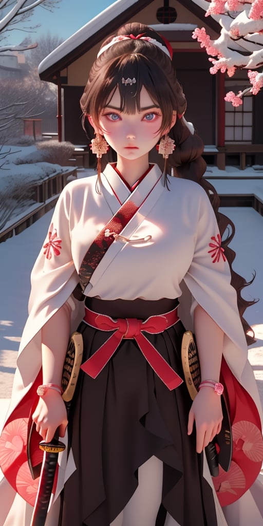 1girl, Sweet, full body ,large breasts,The background is winter,snowy garden,1 girl, beautiful girl, pantyhose, maid, Holding a Japanese Sword, shining bracelet, beautiful maid (white, transparent),cape,  beautiful face, beautiful eyes, solo, { beautiful and detailed eyes}, calm expression, natural and soft light, delicate facial features, very small earrings, ((model pose)), Glamor body type, (dark hair:1.2), beehive,long ponytail,very_long_hair, hair past hip , curly hair, flim grain, realhands, masterpiece, Best Quality, photorealistic, ultra-detailed, finely detailed, high resolution, perfect dynamic composition, beautiful detailed eyes, eye smile, ((nervous and embarrassed)), sharp-focus, full_body , sexy pose,cowboy_shot,Samurai girl,glowing forehead,lighting, Japanese Samurai Sword (Katana), girl.,underwear,nodf_lora,Ilulu