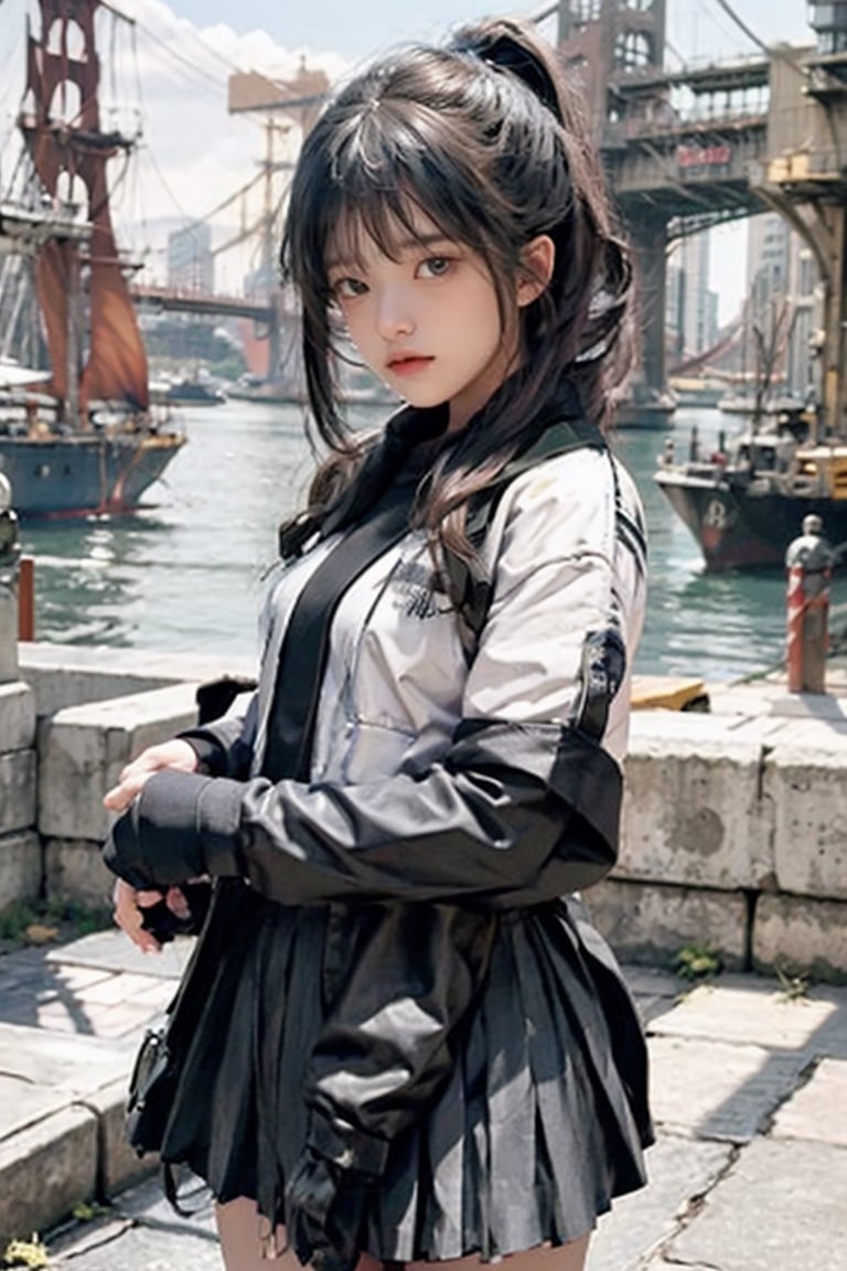 1 girl,AgoonGirl,urban techwear ,black pleated mini skirt,school uniform