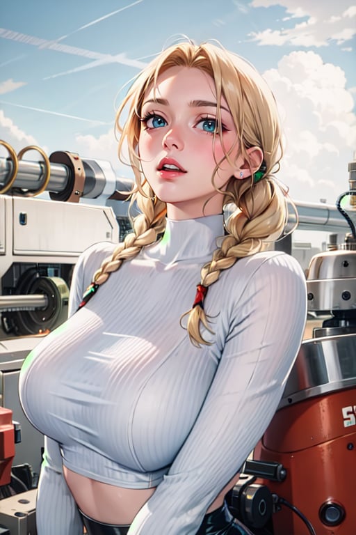 robot woman, naked, white, synthetic skin (no metal), long blonde hair gathered in a ponytail (braid), manufacturing lines all over the skin, mechanical green eyes, red lips, Hd, anime, like deviant art.