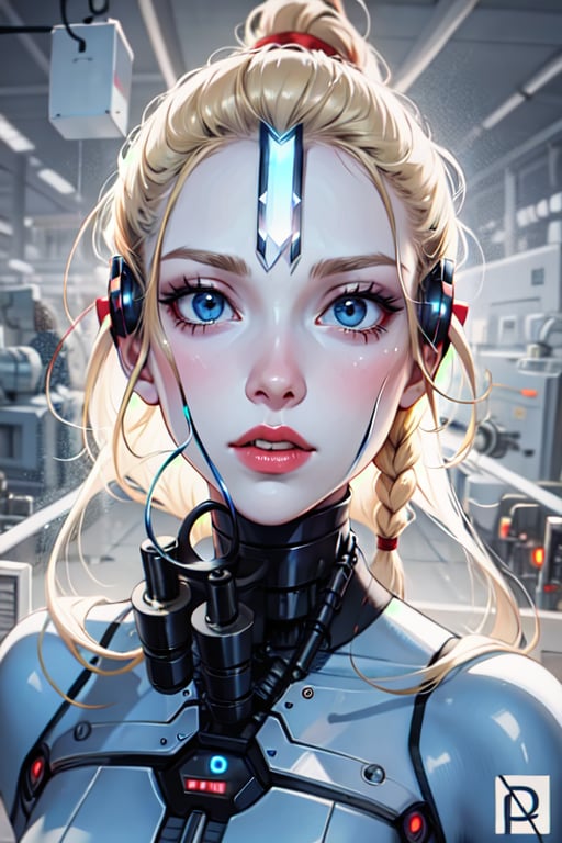 robot woman, naked, white, synthetic skin, long blonde hair gathered in a ponytail (braid), manufacturing lines all over the skin, mechanical eyes, red lips, Hd, anime, like deviant art.