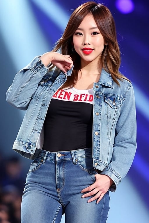 beautiful detailed eyes, tight jeans, cropped denim jacket, kairi sane hairstyle, red lips