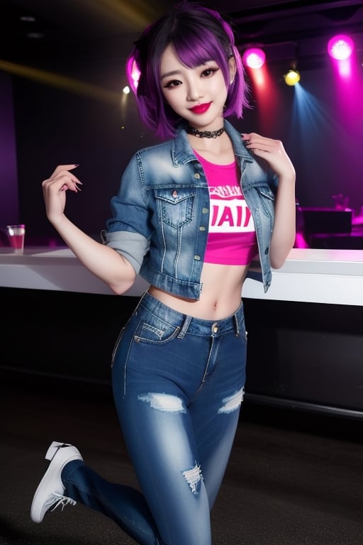 Japanese rebel girl singer, 38 years old, smile, dark lips, rebel outfit, punk girl hairstyle, she is dancing in a party at a night club, cropped small denim jacket, tight jeans, punk girl makeup, full body shot, slim girl,1girl,sssggg