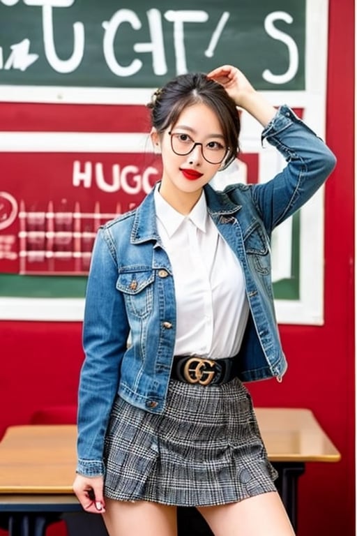 Sexy high school teacher girl, 25 years old, sexy blouse, sexy denim jacket, mini black skirt, gucci belt, formal makeup, formal attire, red lips, cute style, she is wearing glasses, formal hairstyle, she is posing sexy inside her classroom